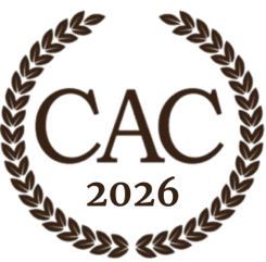 A brown laurel wreath surrounds the large letters CAC with 2026 written below, all on a white background.