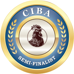 A circular badge with a gold border, blue ring, and the text “CIBA” at the top and “SEMI-FINALIST” at the bottom. The center features a stylized rooster head surrounded by gold laurel branches.