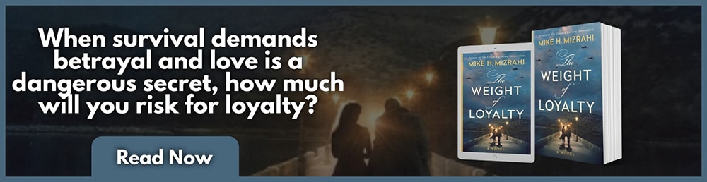 A book ad shows a couple holding hands by a river at night. Text reads: “When survival demands betrayal and love is a dangerous secret, how much will you risk for loyalty?” A button says “Read Now.” Book cover: “The Weight of Loyalty.”.