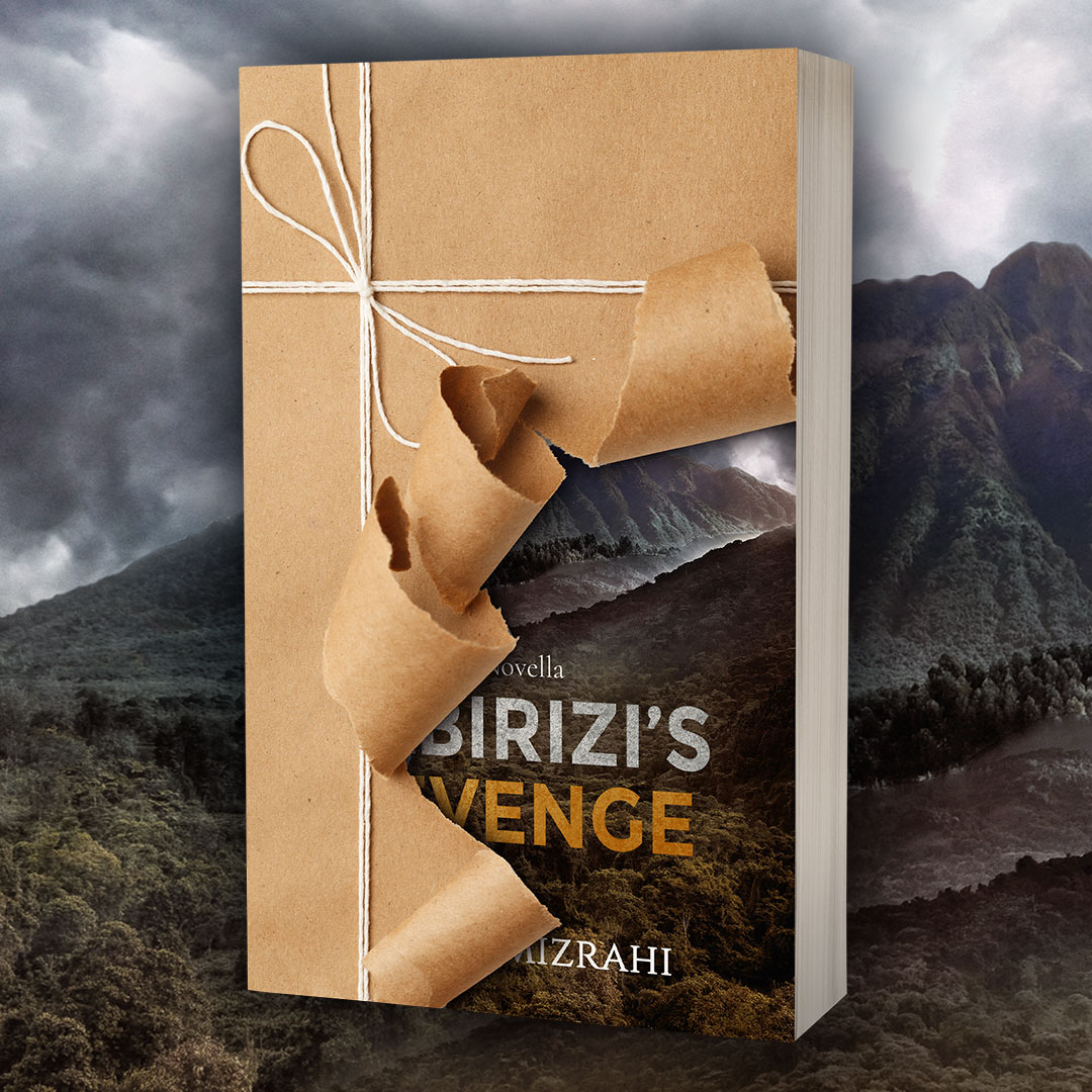A book wrapped in brown paper with a torn section revealing the title SIRIZIS VENGE and the author IZRAHI, set against a dramatic, cloudy mountain landscape background.