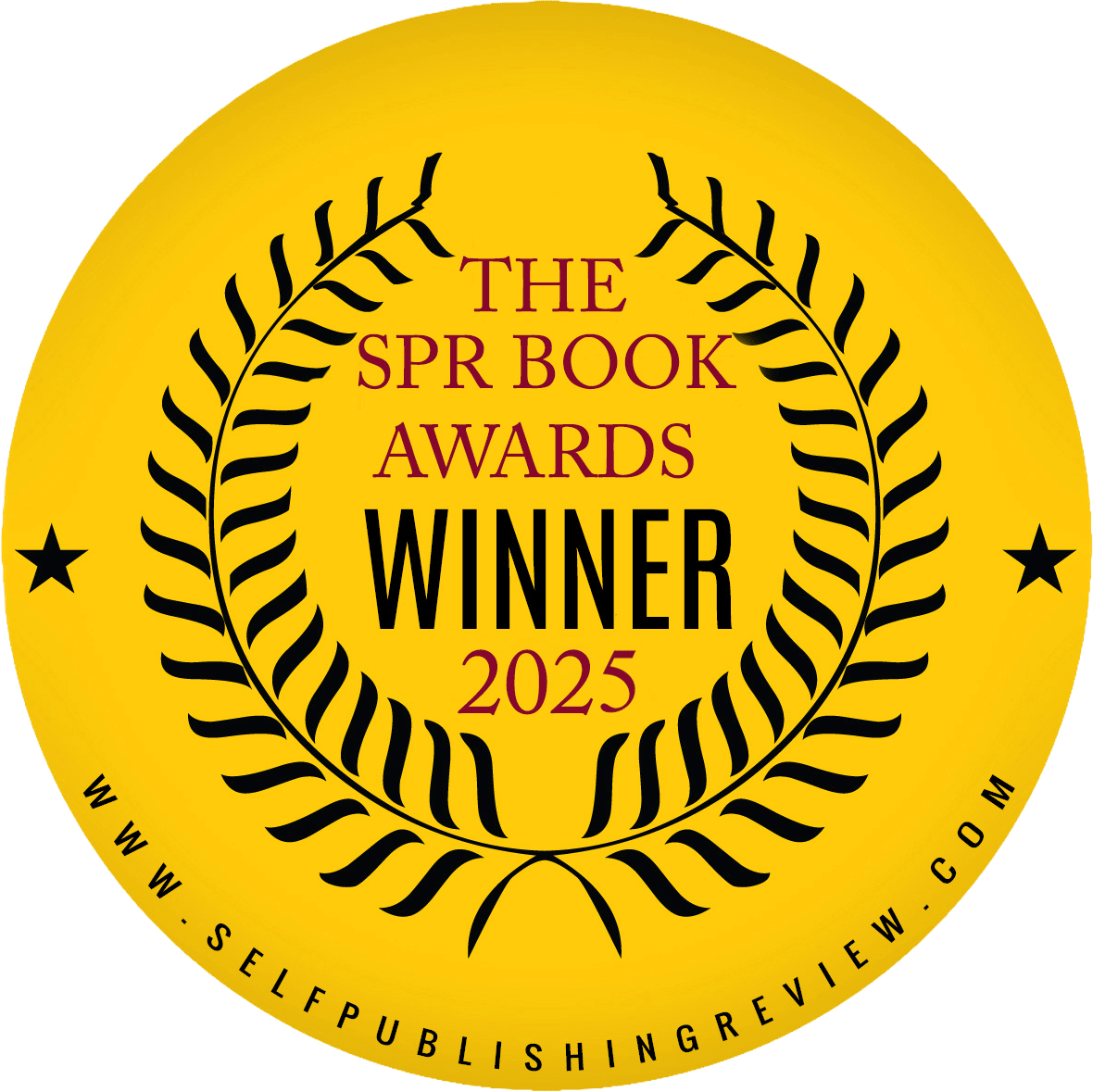 A gold circular badge with laurel leaves, stars on each side, and the text “The SPR Book Awards Winner 2025.” The website www.selfpublishingreview.com appears at the bottom.
